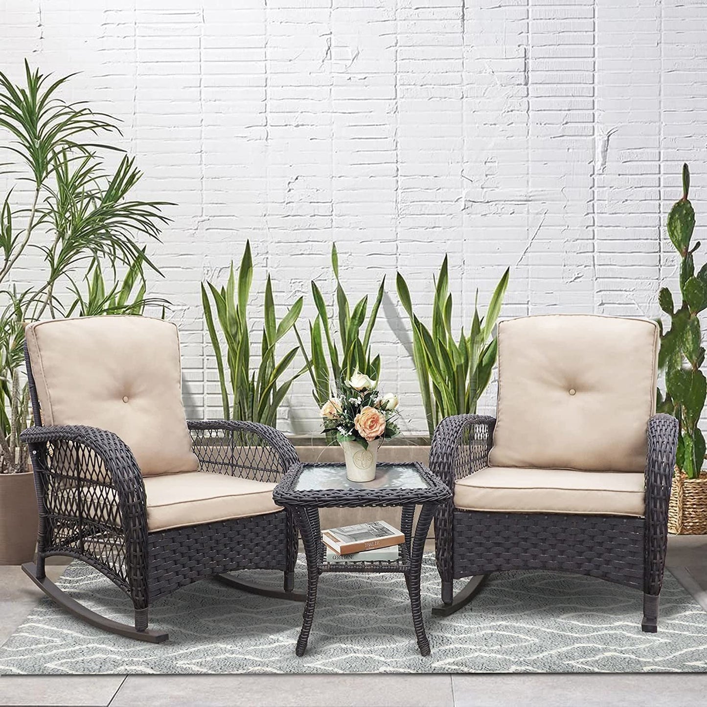 3 Pieces Outdoor Wicker Rocker Patio Bistro Set; Rocking Glider Chairs with Premium Cushions and Armored Glass Top Side Table; Elegant Wicker Patio Bistro Conversation Sets for Backyard