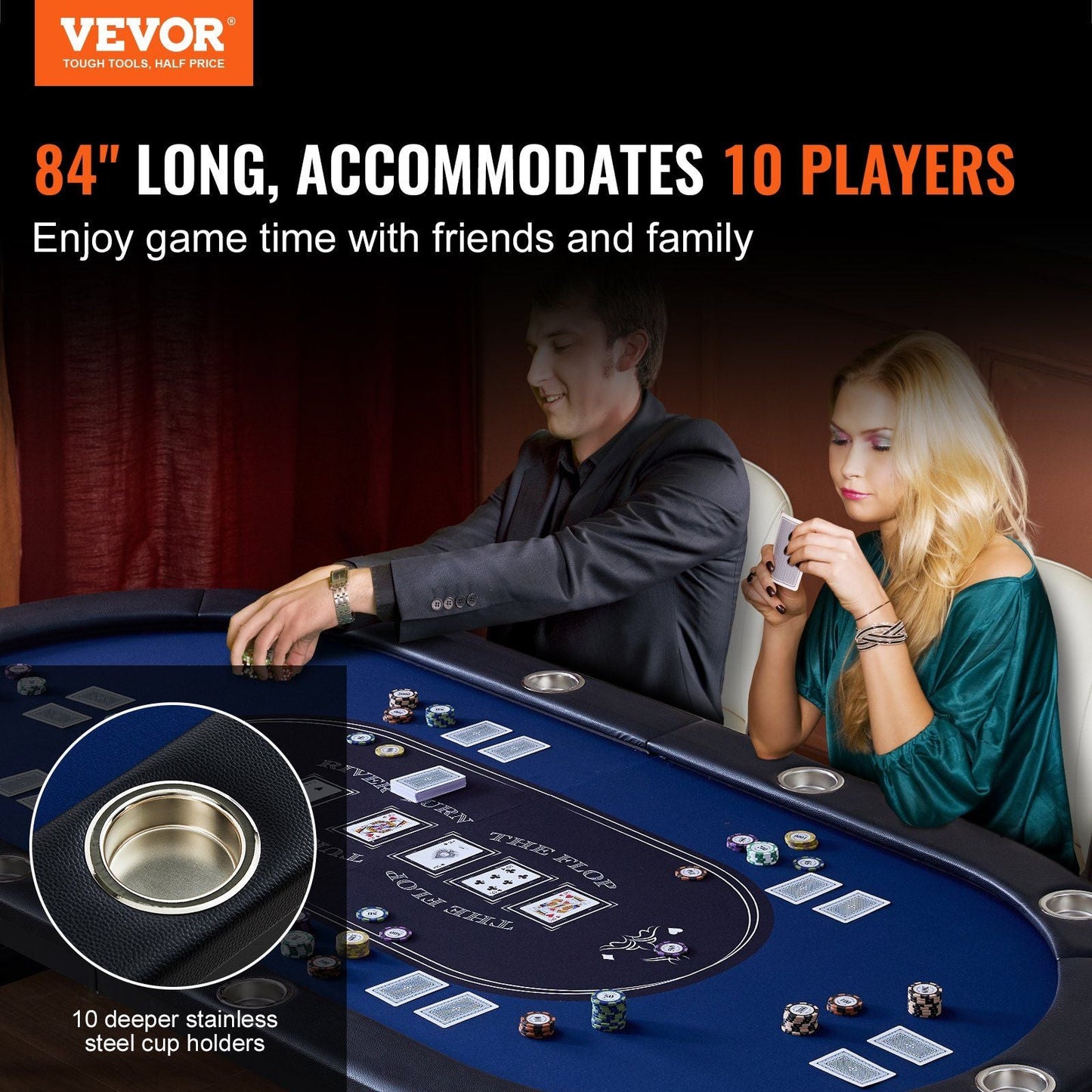 10 Player Foldable Poker Table, Blackjack Texas Holder Poker Table with Padded Rails and Stainless-Steel Cup Holders,