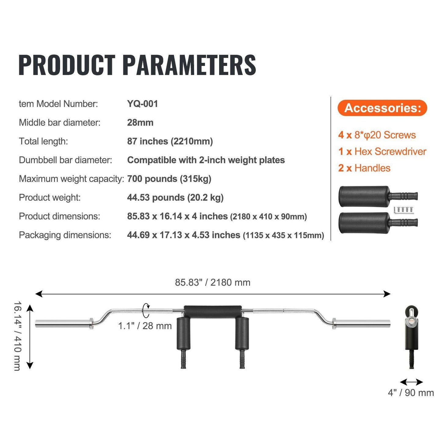 Safety Squat Bar, 700 LBS Fitness Squat Bar