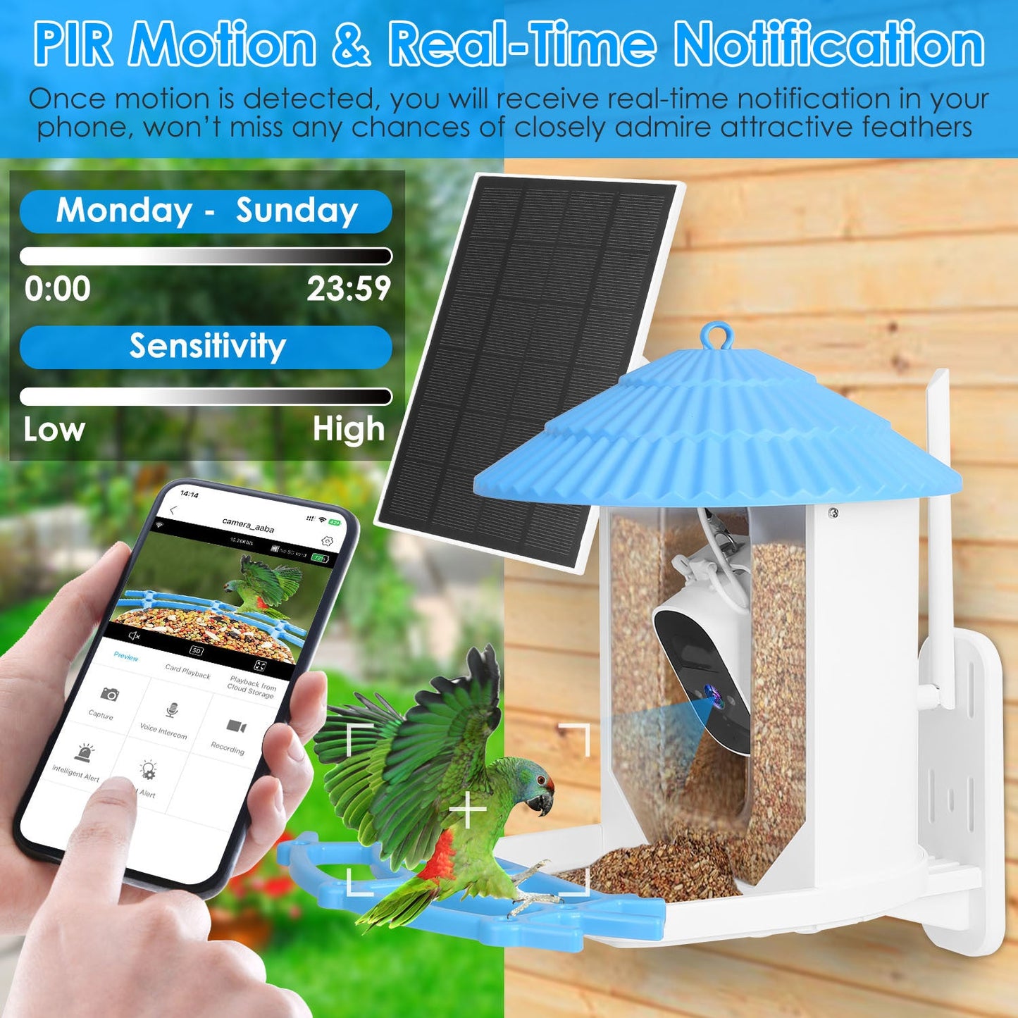 Solar Powered Smart Bird Feeder 2K Bird Watching Camera With PIR Motion AI Birds Species Identify Two-Way Audio Real-Time App Notification Capture Video Gift For Bird Lover