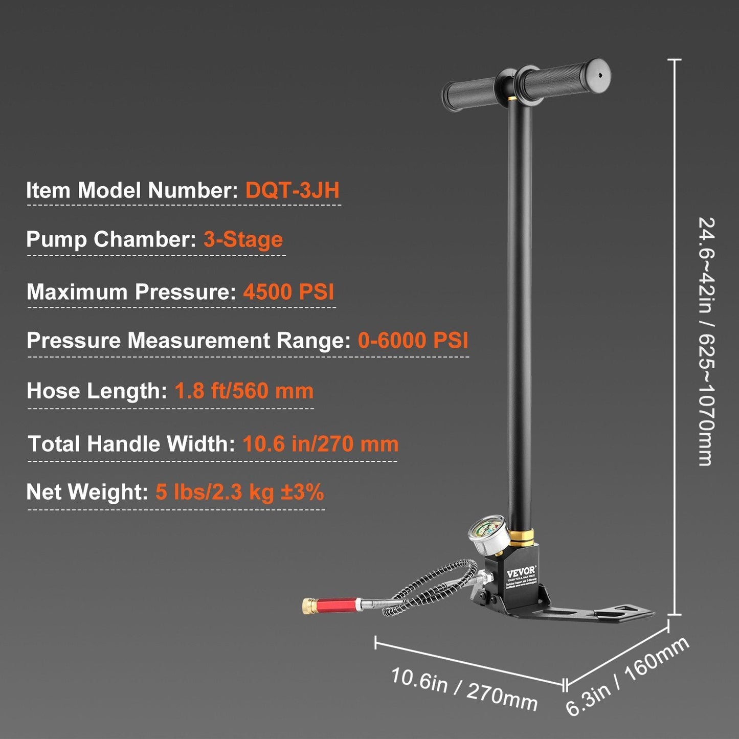 4500PSI High Pressure Airgun Pump for PCP Rifles - 3 Stage Stirrup Pump