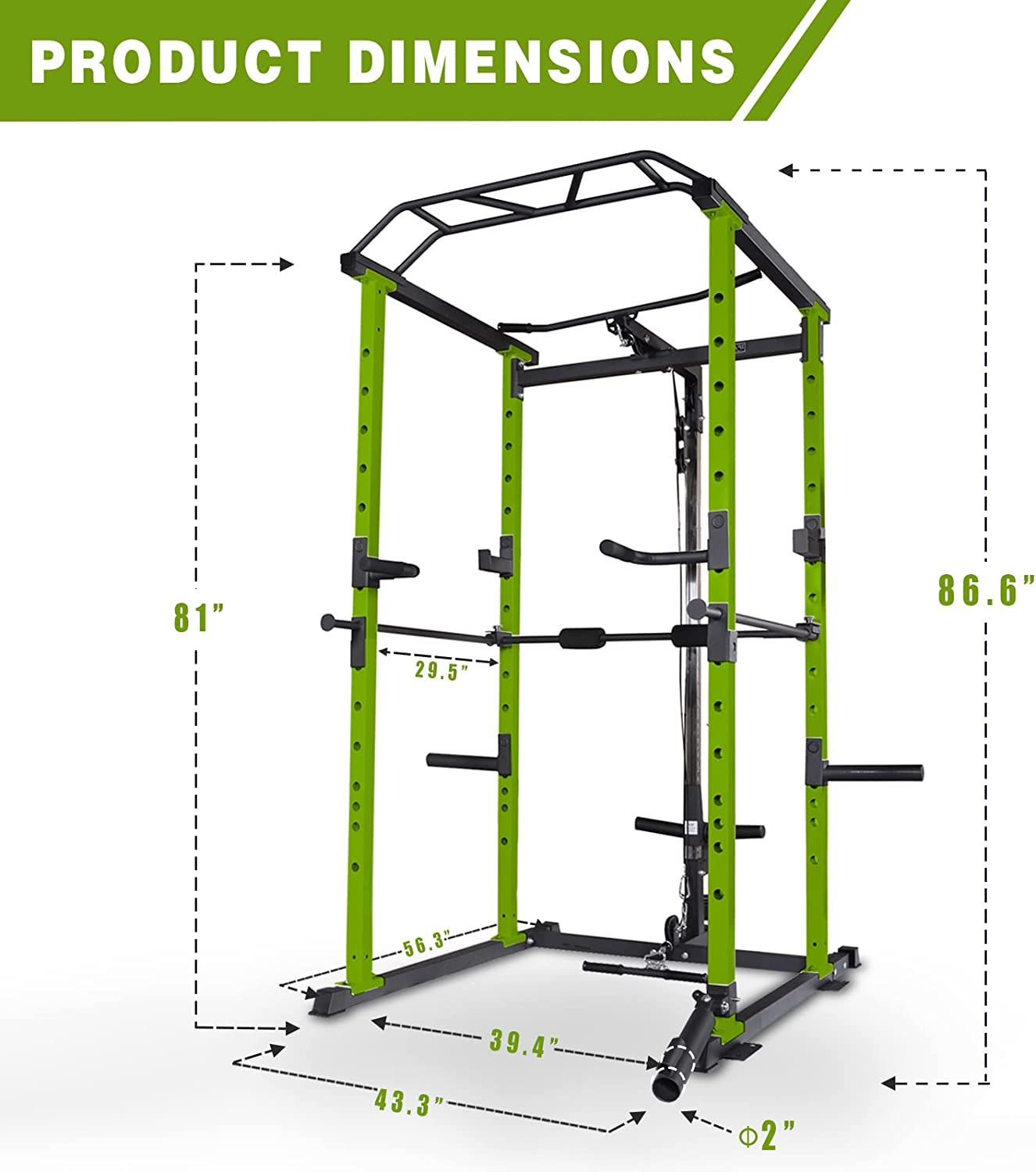 1000 lbs. capacity Green Multi-functional Power Cage, Home Adjustable Pullup Squat Rack Comprehensive Fitness Barbell Rack