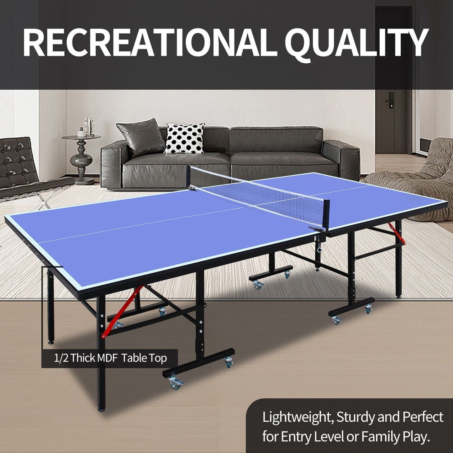 8ft Tennis Table Foldable & Portable Ping Pong Table Set for Indoor Games with Net, 2 Table Tennis Paddles and 3 Balls