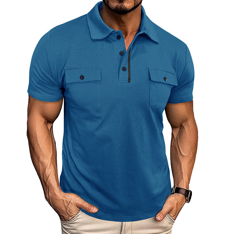 Lightweight Cotton Polo Shirt with Lapel Collar & Chest Pockets