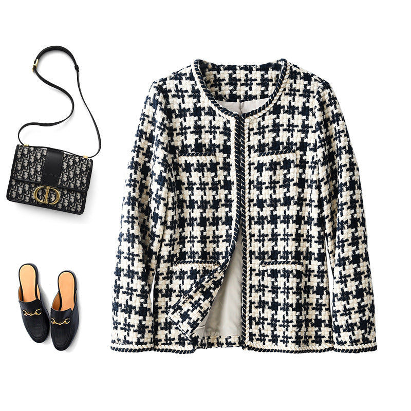 Navy Houndstooth Tweed Blazer Jacket - Round Neck Open Front