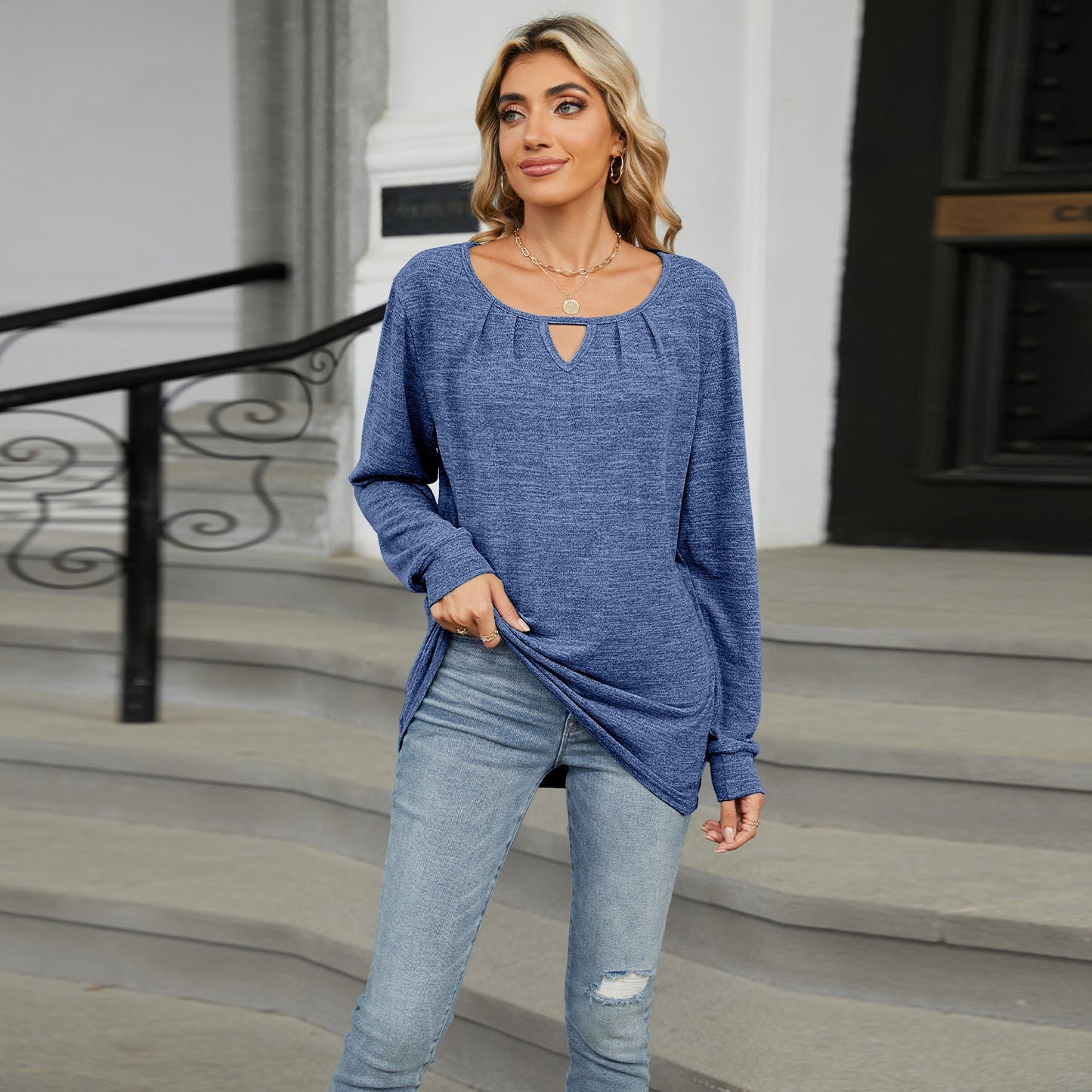Cotton Cashmere Pullover - Soft Keyhole Neckline Long Sleeve Top