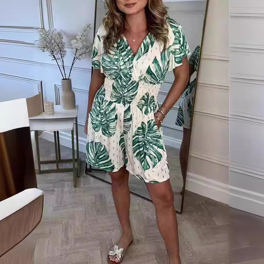 Lightweight Tropical Leaf Print Jumpsuit - V-Neck Summer Romper