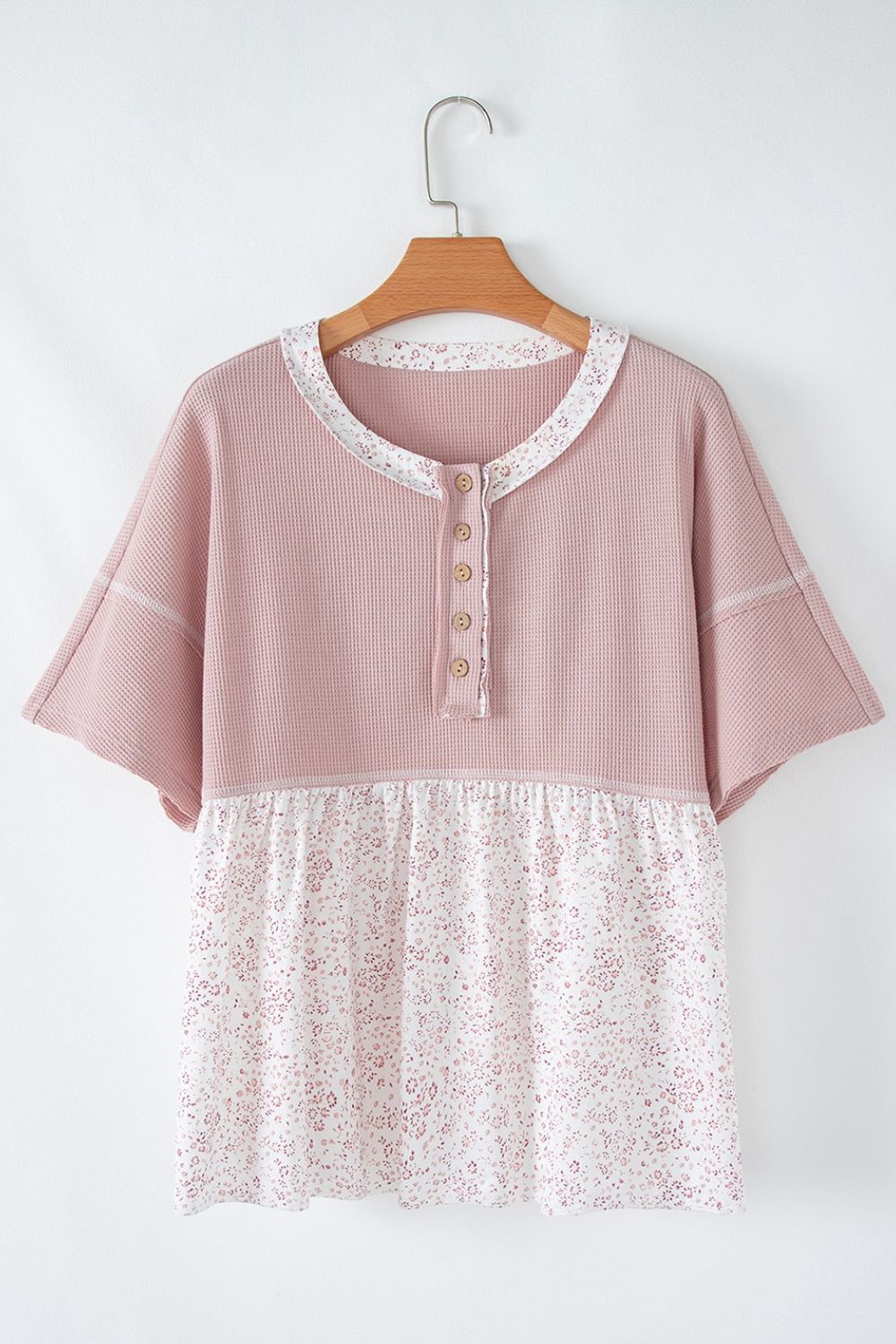 Waffle Floral Patchwork Exposed Seam Detail Short Sleeve Top