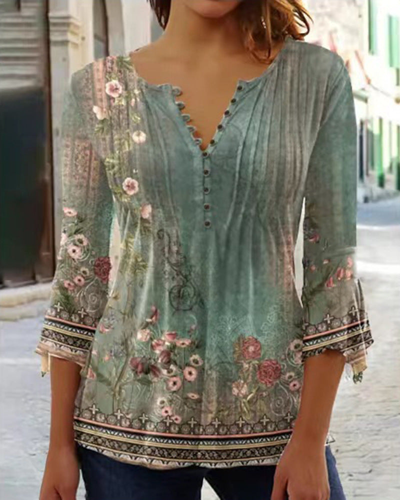 Floral V-Neck Pleated Top - 3/4 Sleeve Button Front Blouse