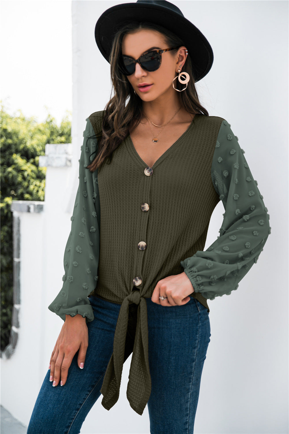 Sweet Texture – Tie-Front Puff Sleeve Button Blouse
