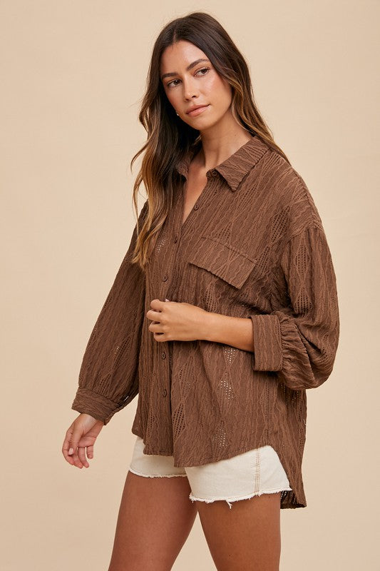Annie Wear Openwork Button Down Drop Shoulder Shirt #2
