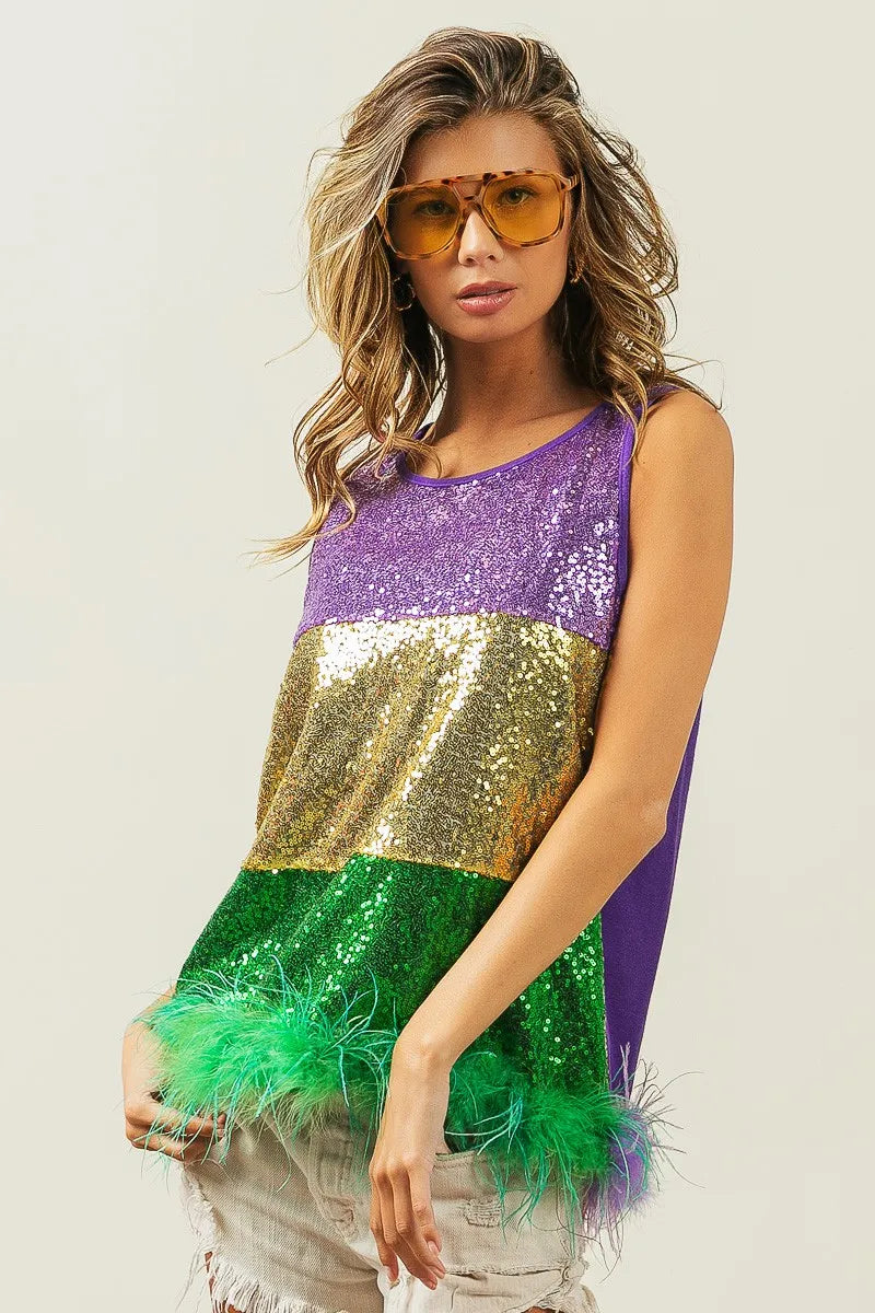 BiBi Mardi Gras Color Block Faux Feather Hem Sequin Top
