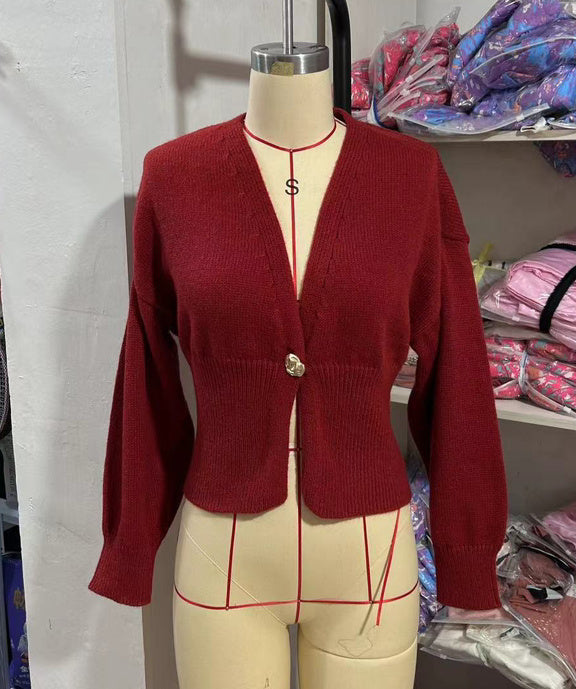 Deep V Button Cardigan - Polyester Knit Statement Sweater