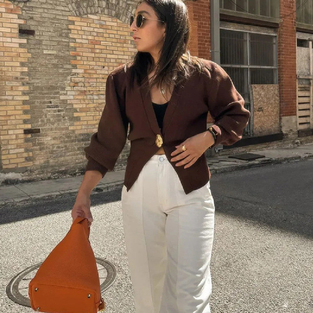 Deep V Button Cardigan - Polyester Knit Statement Sweater