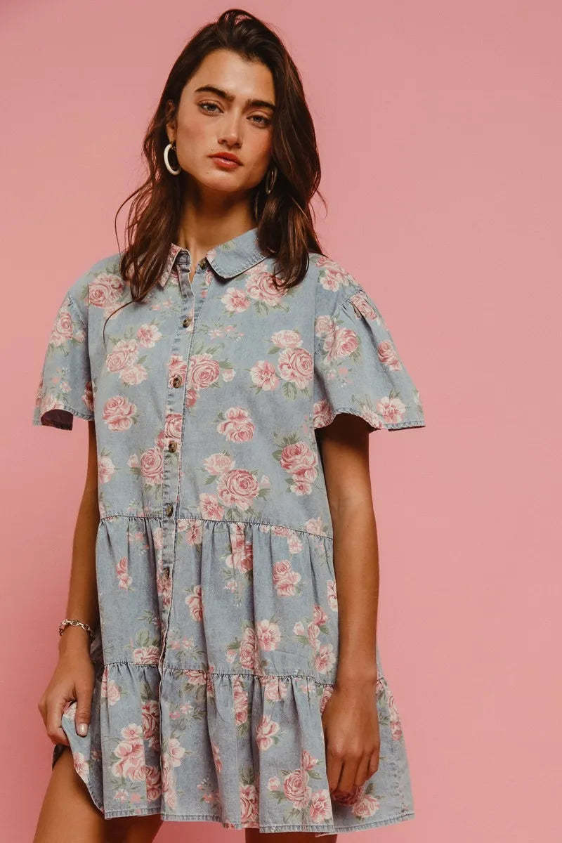 BiBi Floral Print Washed Lightweight Tiered Shirt Dress