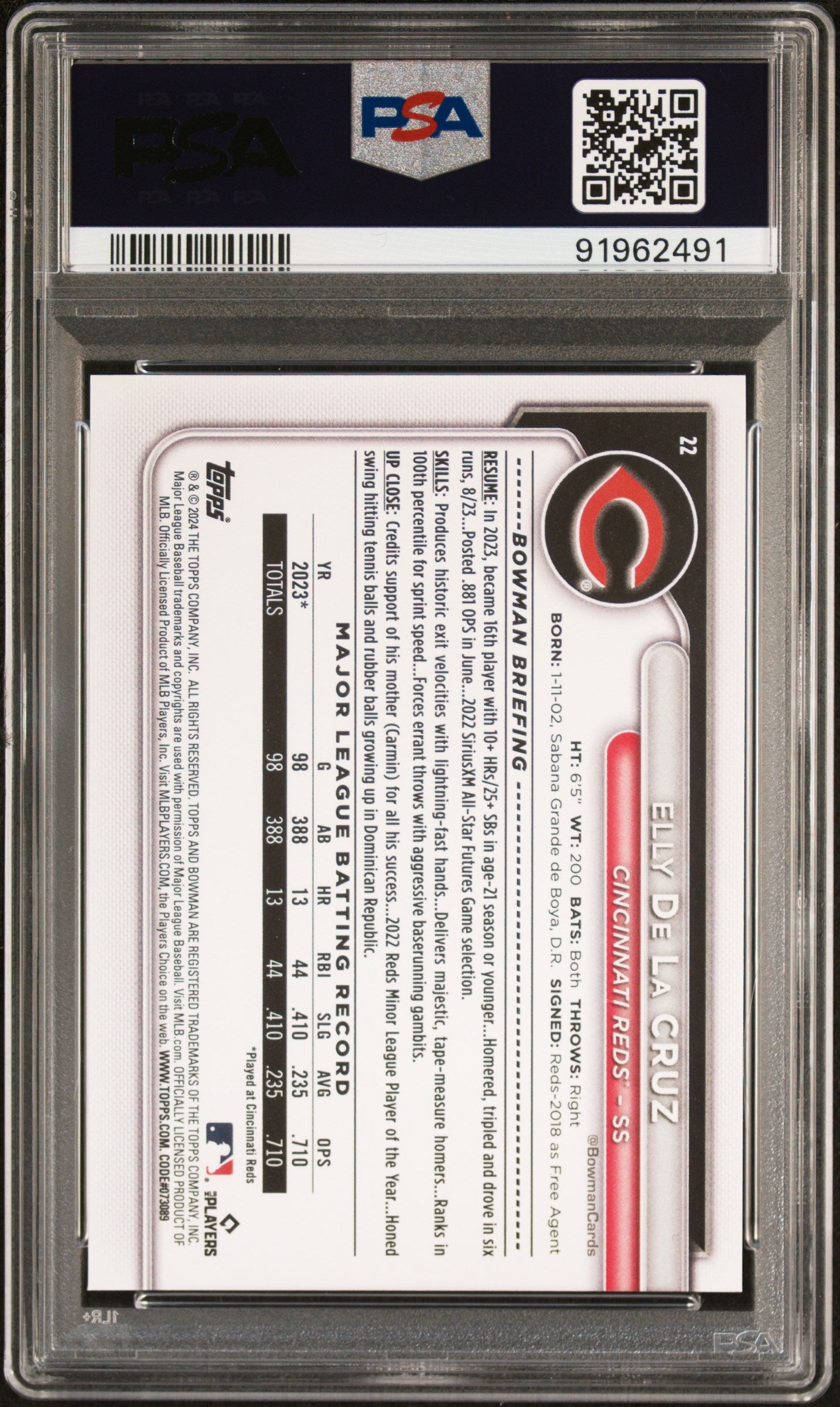 Graded 2024 Topps Bowman Elly De La Cruz #22 Rookie RC Baseball Card PSA 10 Gem Mint