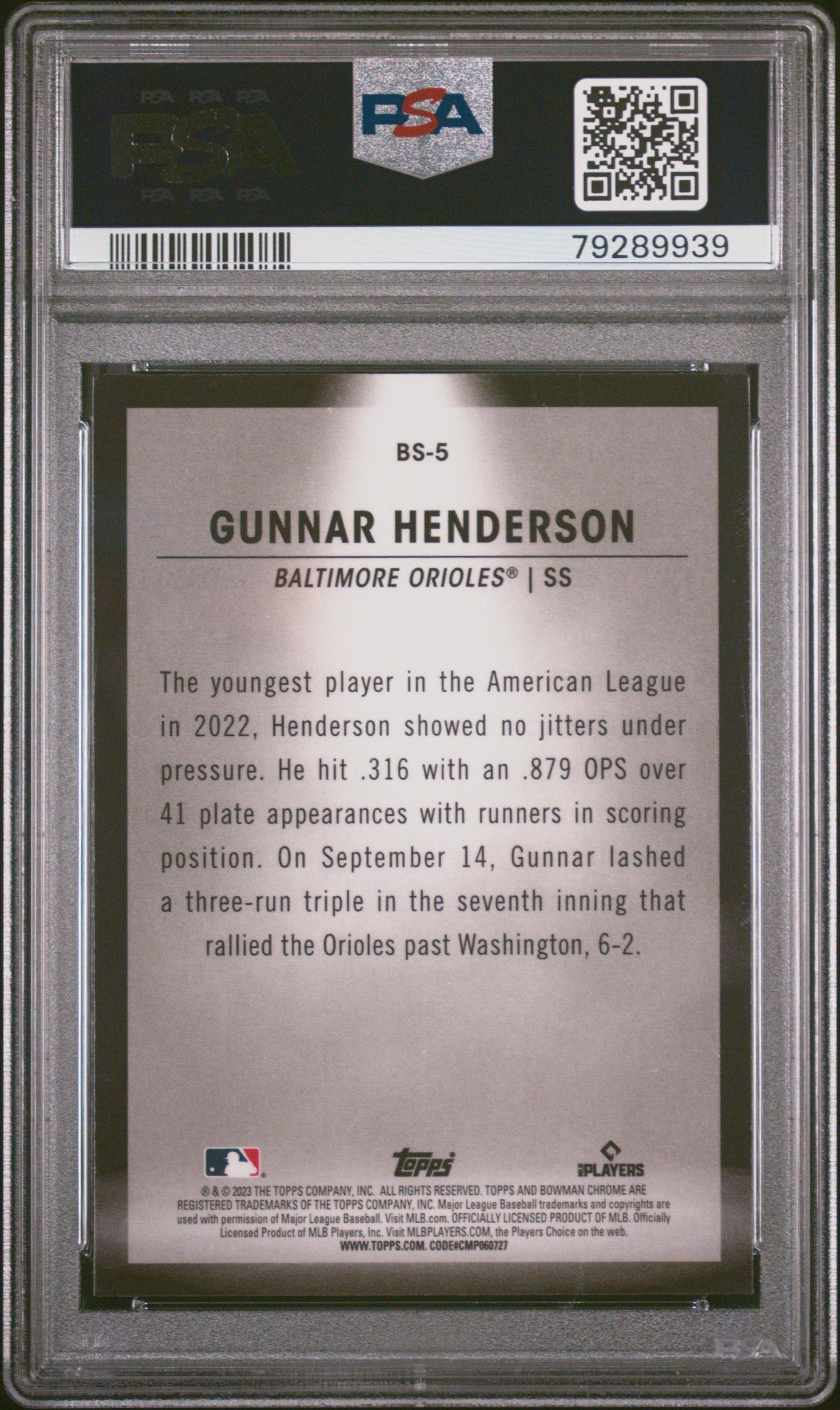 Graded 2023 Topps Bowman Gunnar Henderson #BS5 Spotlights Rookie RC Baseball Card PSA 10 Gem Mint