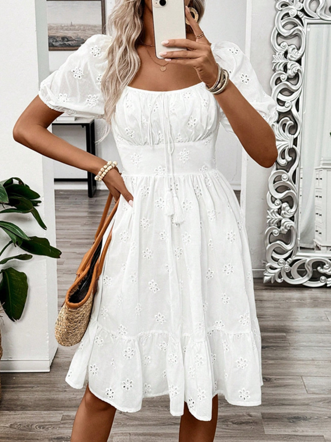 Smocked Eyelet Square Neck Puff Sleeve Mini Dress
