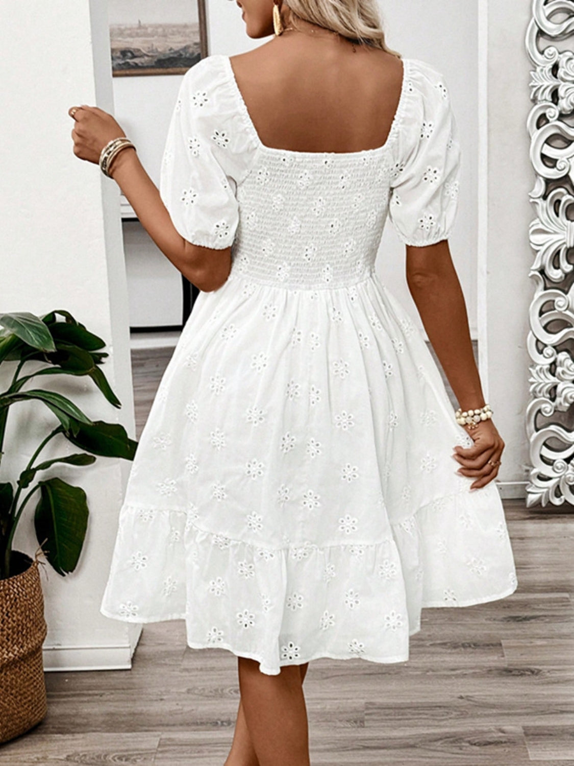 Smocked Eyelet Square Neck Puff Sleeve Mini Dress