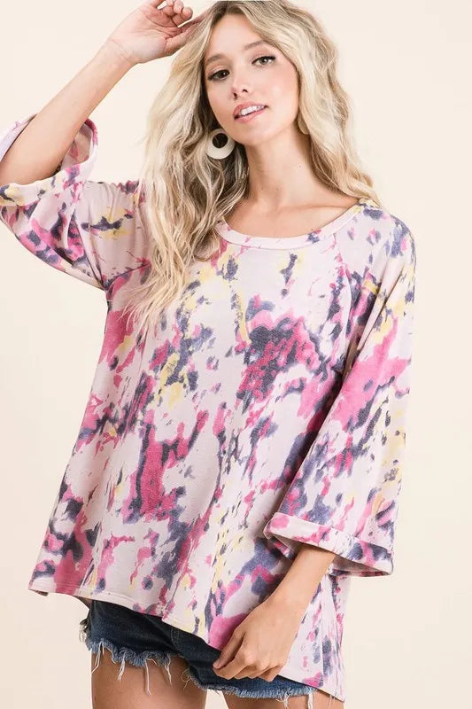 BiBi Tie Dye Print Terry A Line Top with Bell Sleeves