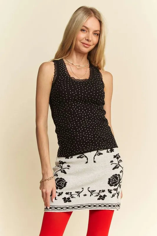 Davi & Dani Rhinestone Lace Trim Detail Tank