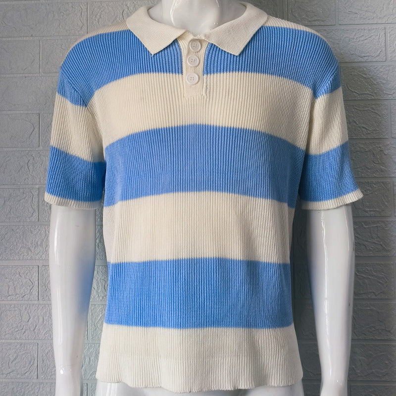 Striped Knit Polo Shirt - Acrylic Lapel Collar Short Sleeve
