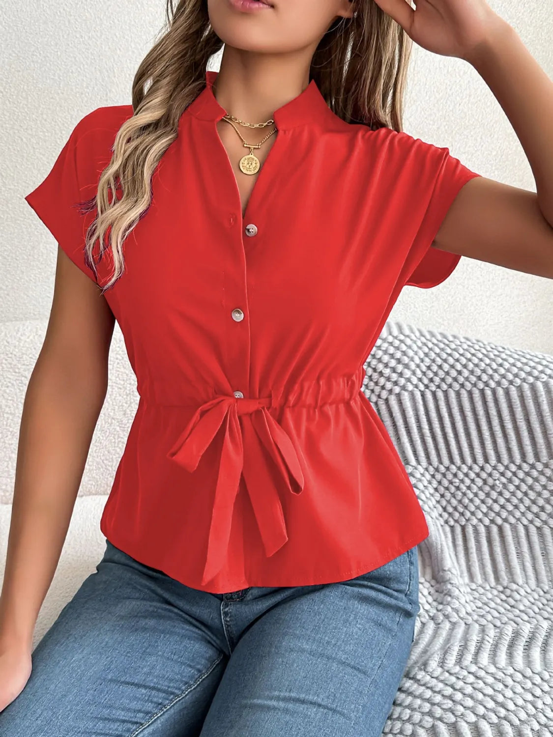 Notched Short Sleeve Blouse