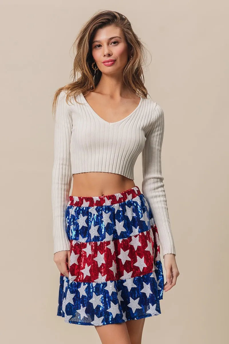 BiBi American Flag Theme Star Sequin Tiered Skirt