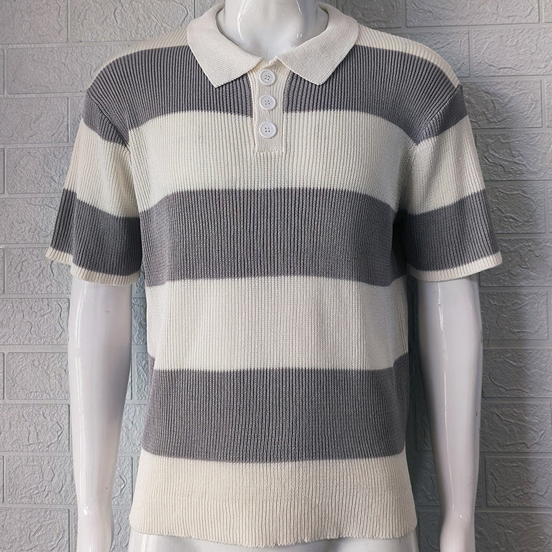 Striped Knit Polo Shirt - Acrylic Lapel Collar Short Sleeve
