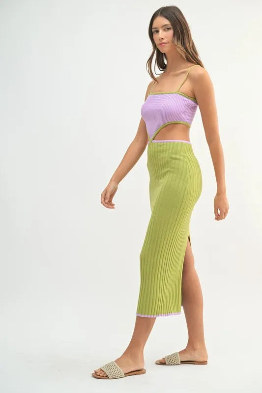 MABLE Ribbed Knit Color Block Cutout Midi Dress