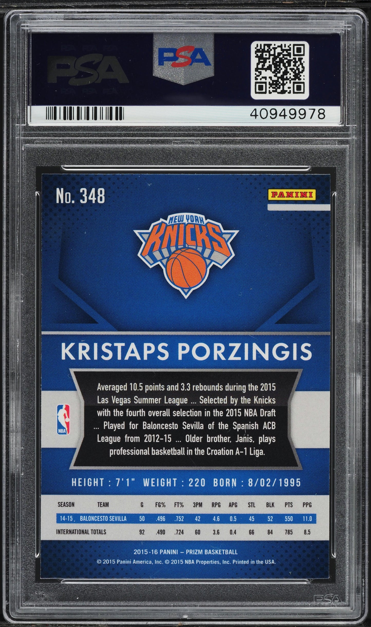 Graded 2015 Panini Prizm Kristaps Porzingis #348 Rookie RC Basketball Card PSA 10 Gem Mint