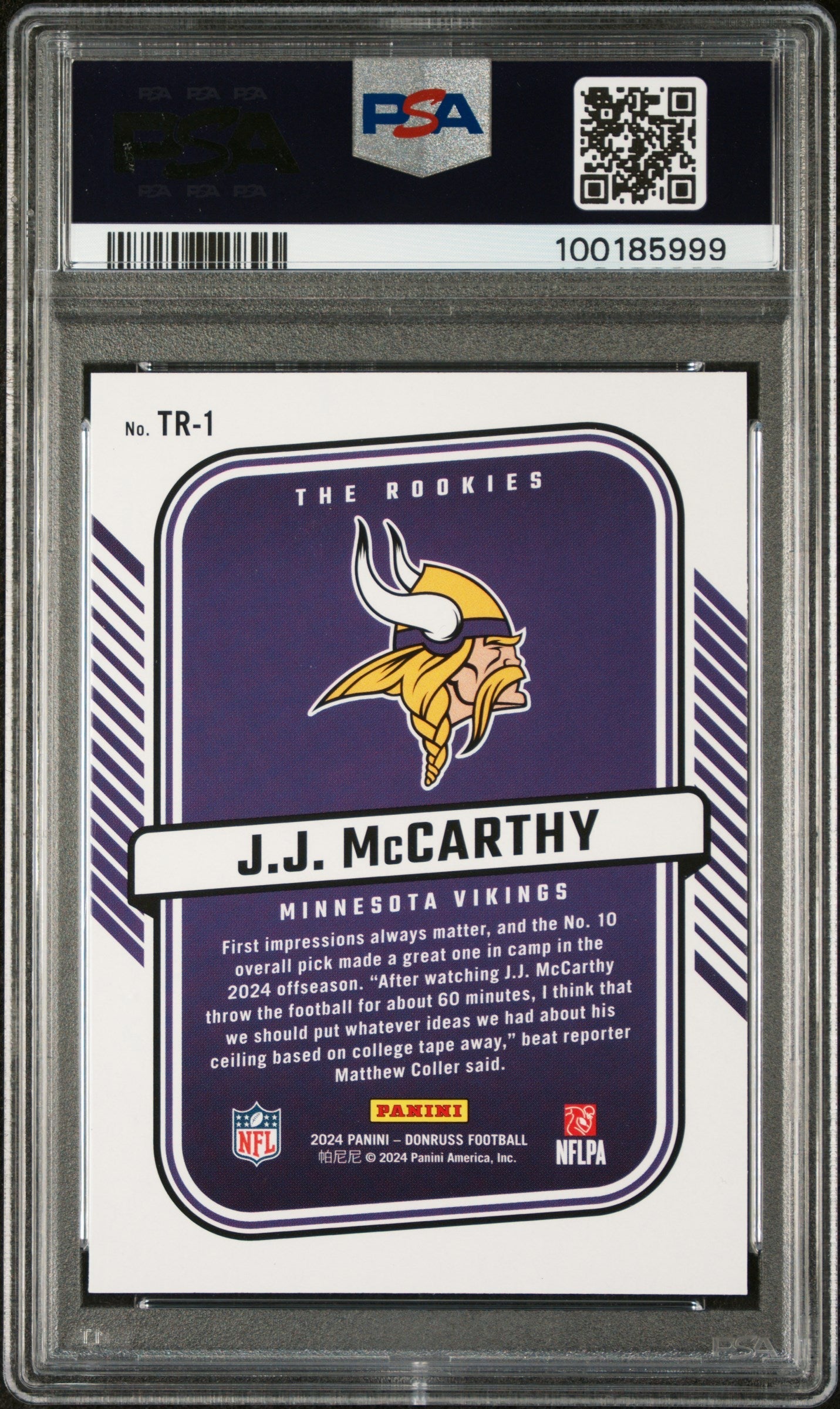Graded 2024 Panini Donruss JJ McCarthy #TR1 The Rookies Rookie RC Football Card PSA 10 Gem Mint
