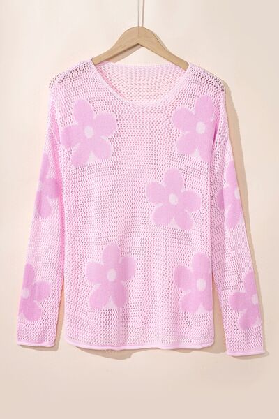 Openwork Round Neck Floral Knit Cover Up