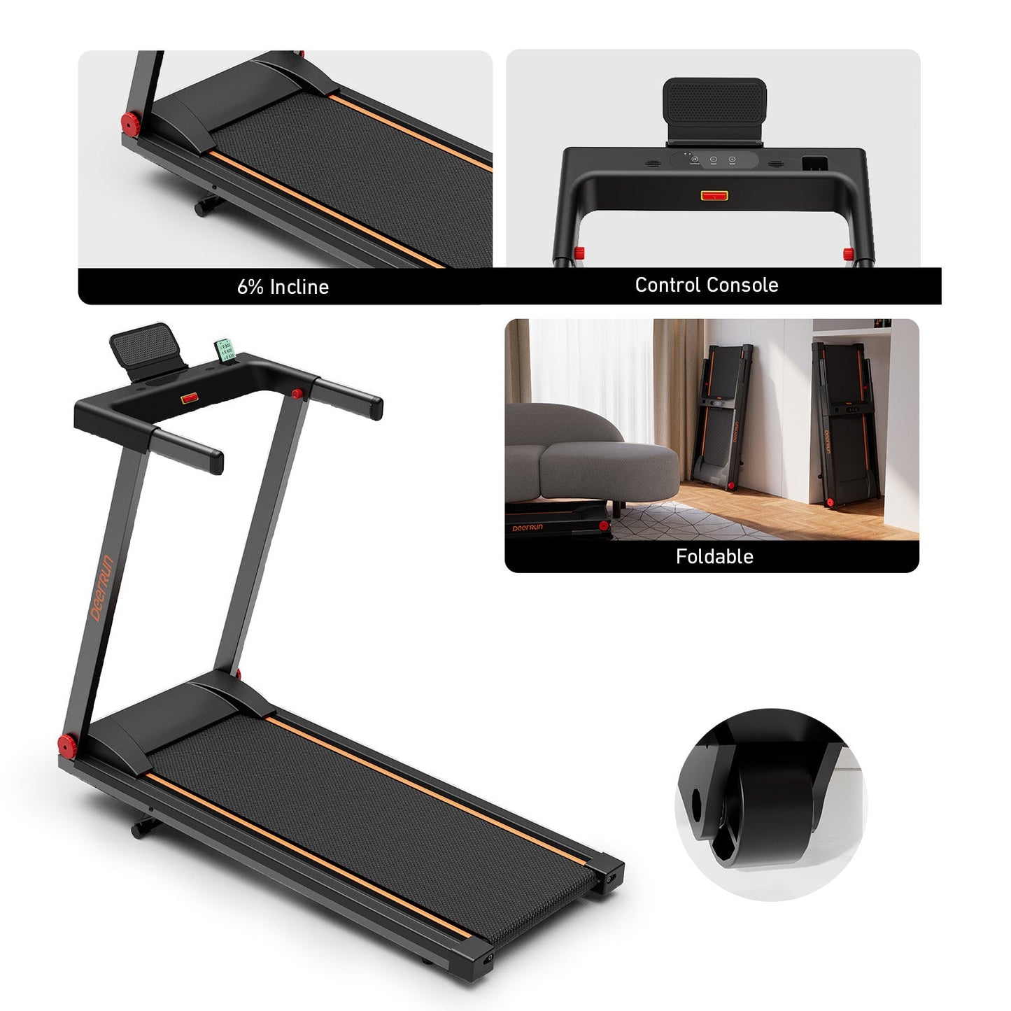 DeerRun A1 Pro Move+ Smart Foldable Treadmill with 6% Incline & NFC | 350Lbs, 10mph, Black