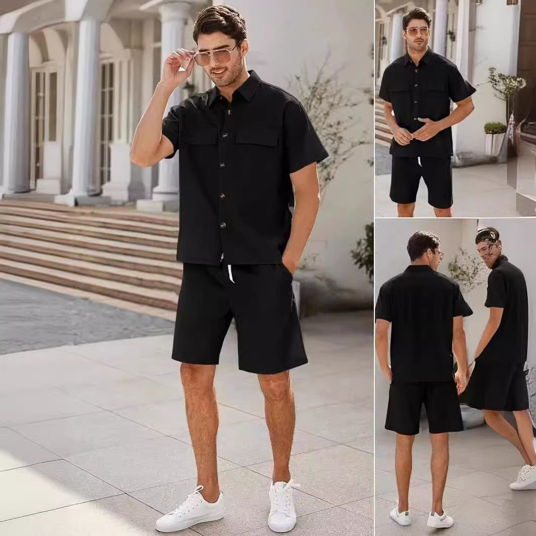 Men's Cotton Linen Two-Piece Summer Set - Short Sleeve Shirt & Shorts