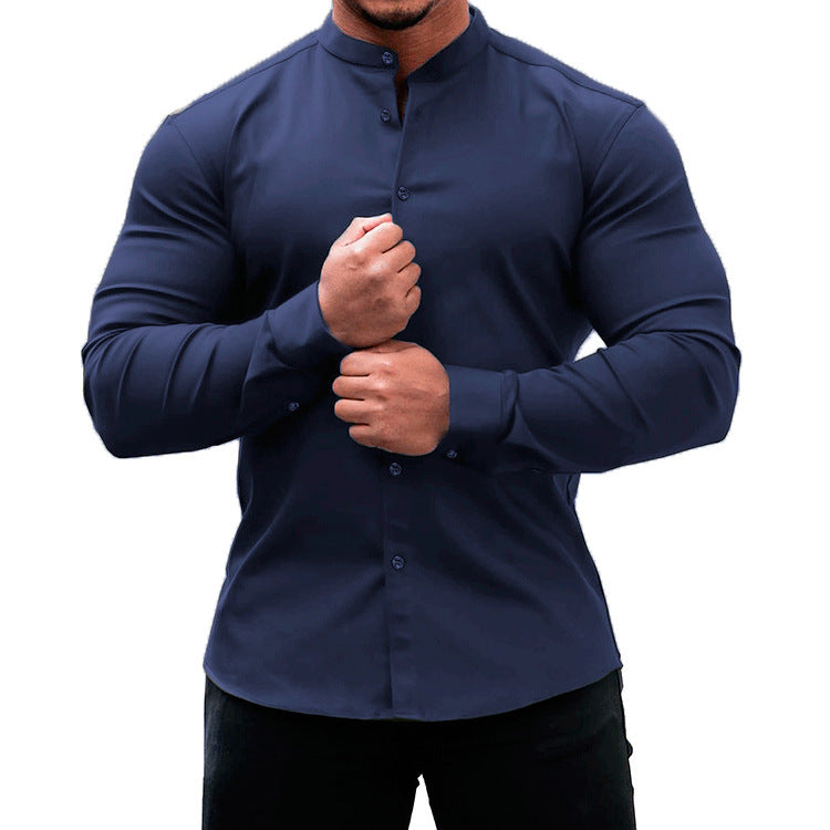 Mandarin Collar Shirt Men - Slim Fit Polyester Long Sleeve