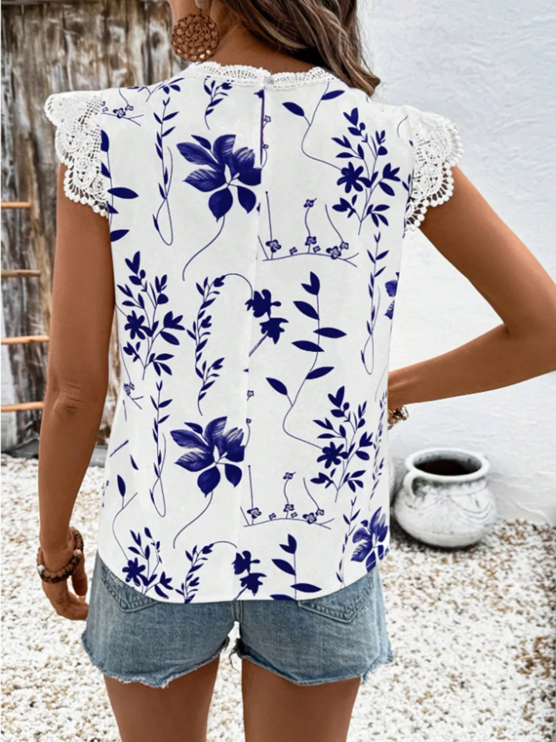 Lace Detail Printed Cap Sleeve Blouse