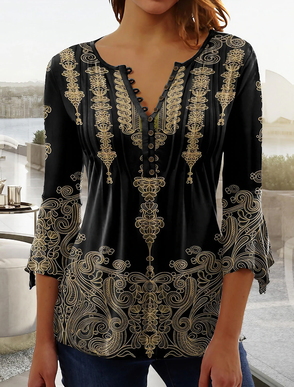 Floral V-Neck Pleated Top - 3/4 Sleeve Button Front Blouse