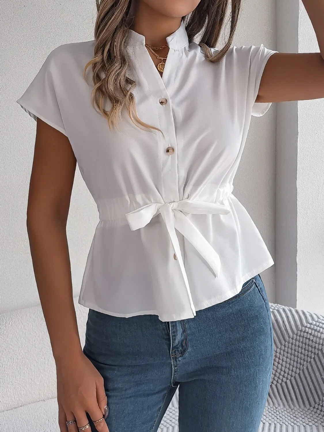 Notched Short Sleeve Blouse
