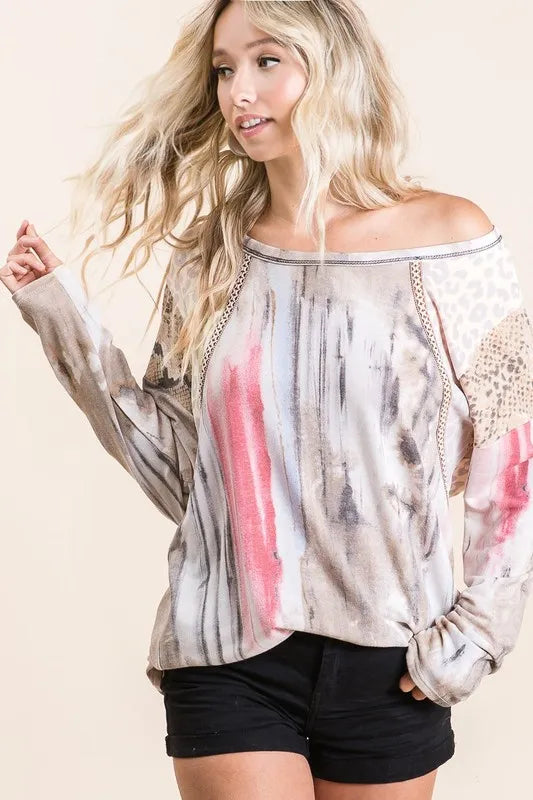BiBi Tie Dye Knit Top with Print Block Shoulder