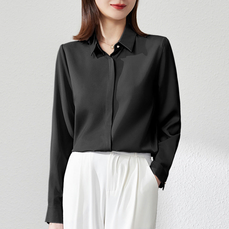 Satin Office Shirt - Long Sleeve Button Front Blouse for Work