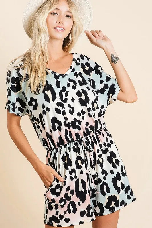 BiBi Gradation Leopard Soft Knit V-neck Romper