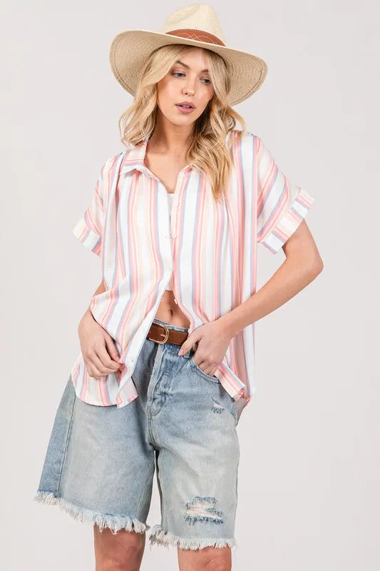 SAGE+FIG Multi Stripe Button Down Short Sleeve Shirt