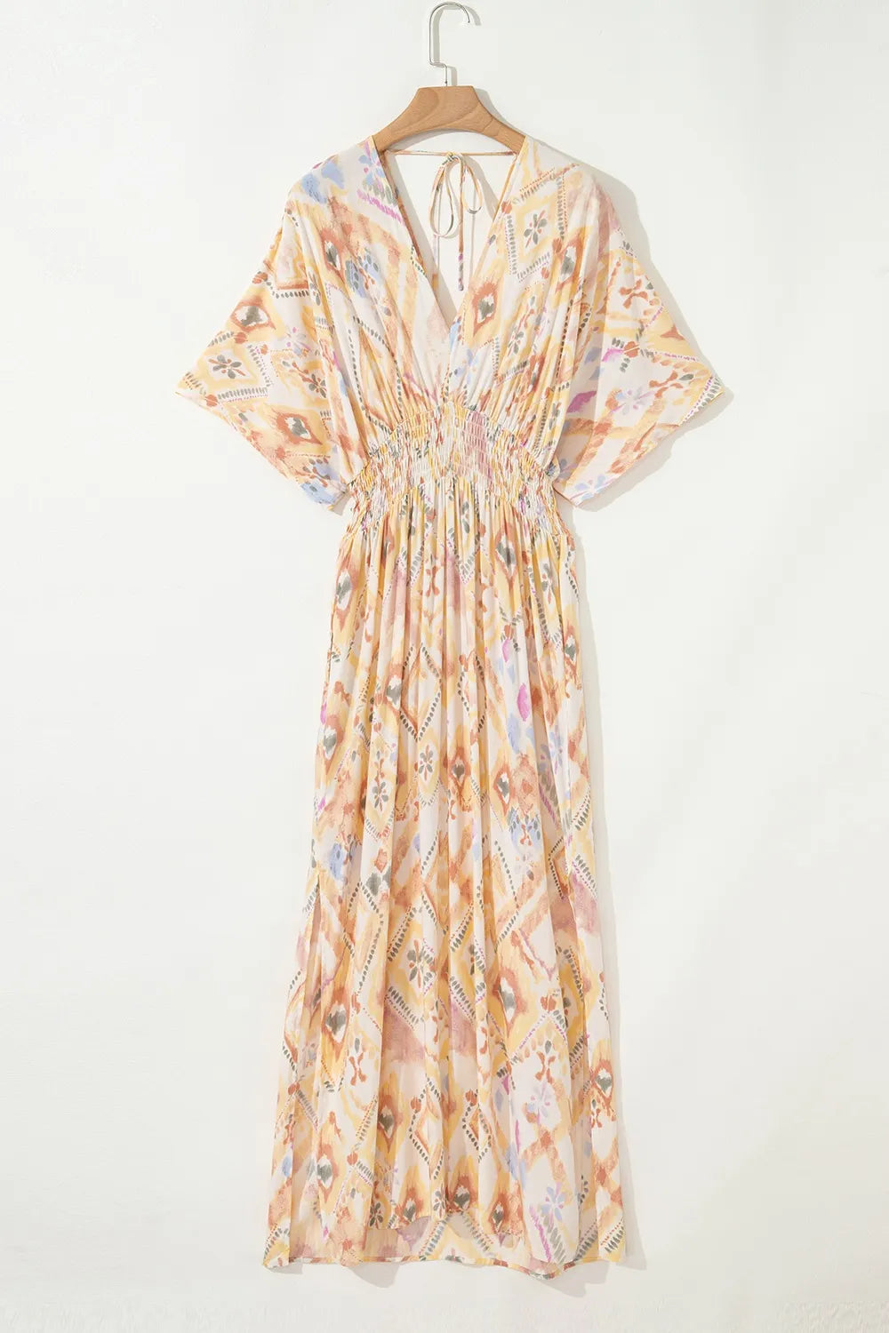 Printed Half Sleeve Shirred High Waist Maxi Dress