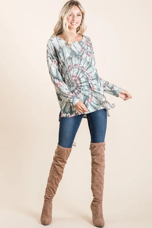 BiBi Tie Dye Terry Top with Contrast Stitching