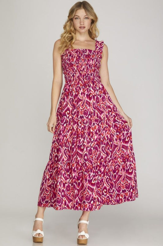 She Sky Full Size Smocked Printed Wide Strap Tiered Dress Plus Size