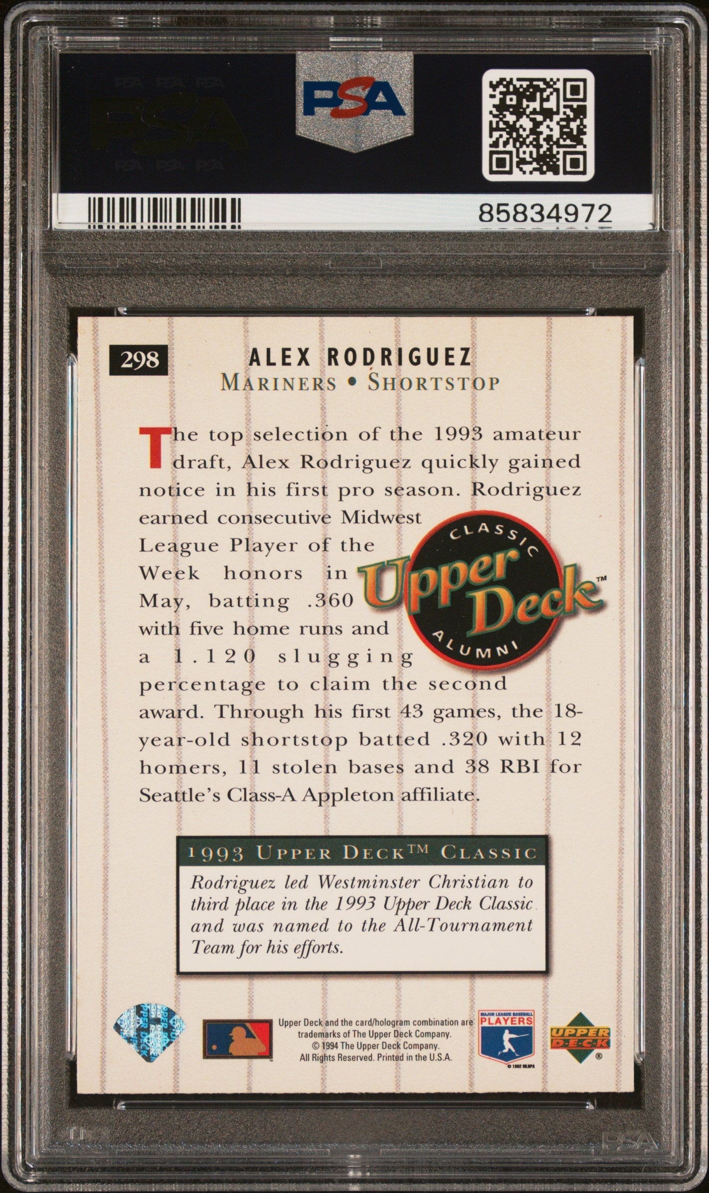 Graded 1994 Upper Deck Alex Rodriguez #298 Rookie RC Baseball Card PSA 10 Gem Mint