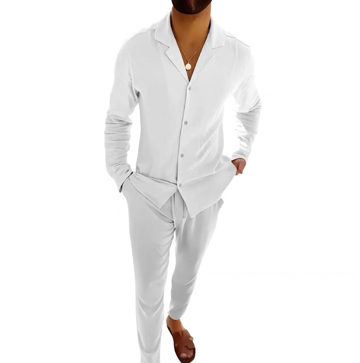 Men's Cotton Long Sleeve Lapel Shirt & Slim Fit Pants Set