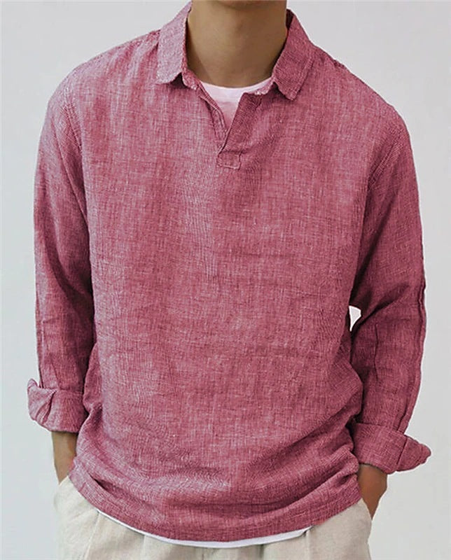 Men's Cotton Blend Retro Pullover Shirt - Long Sleeve Lapel