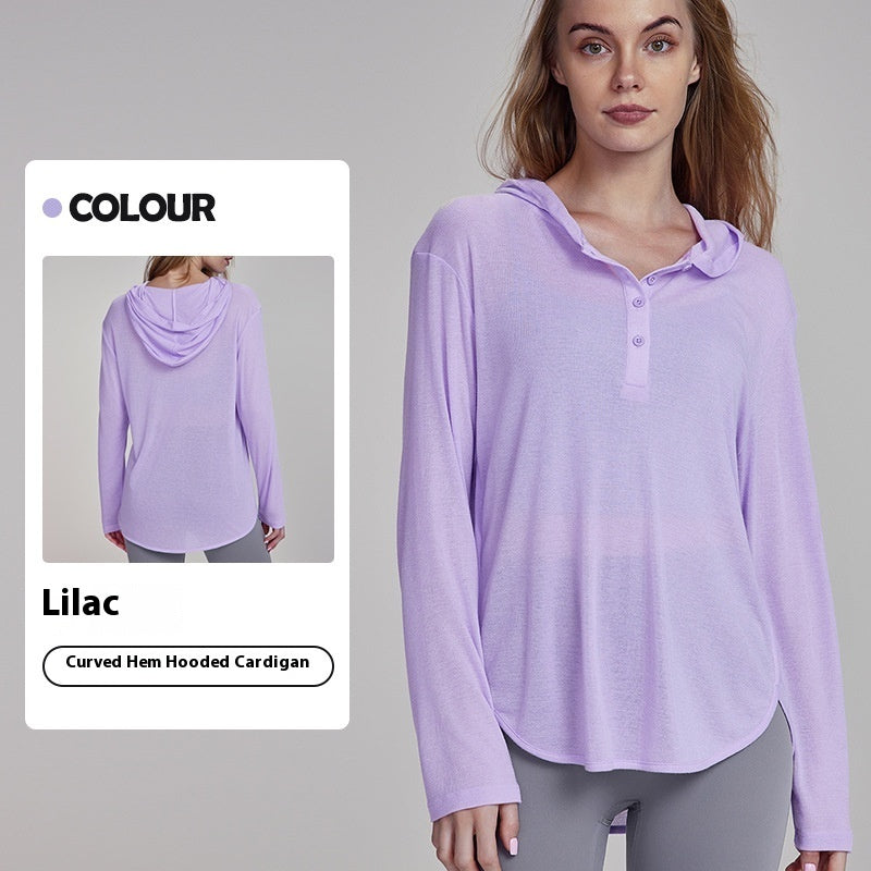 Hooded Long Sleeve Yoga Top with Curved Hem - Breathable